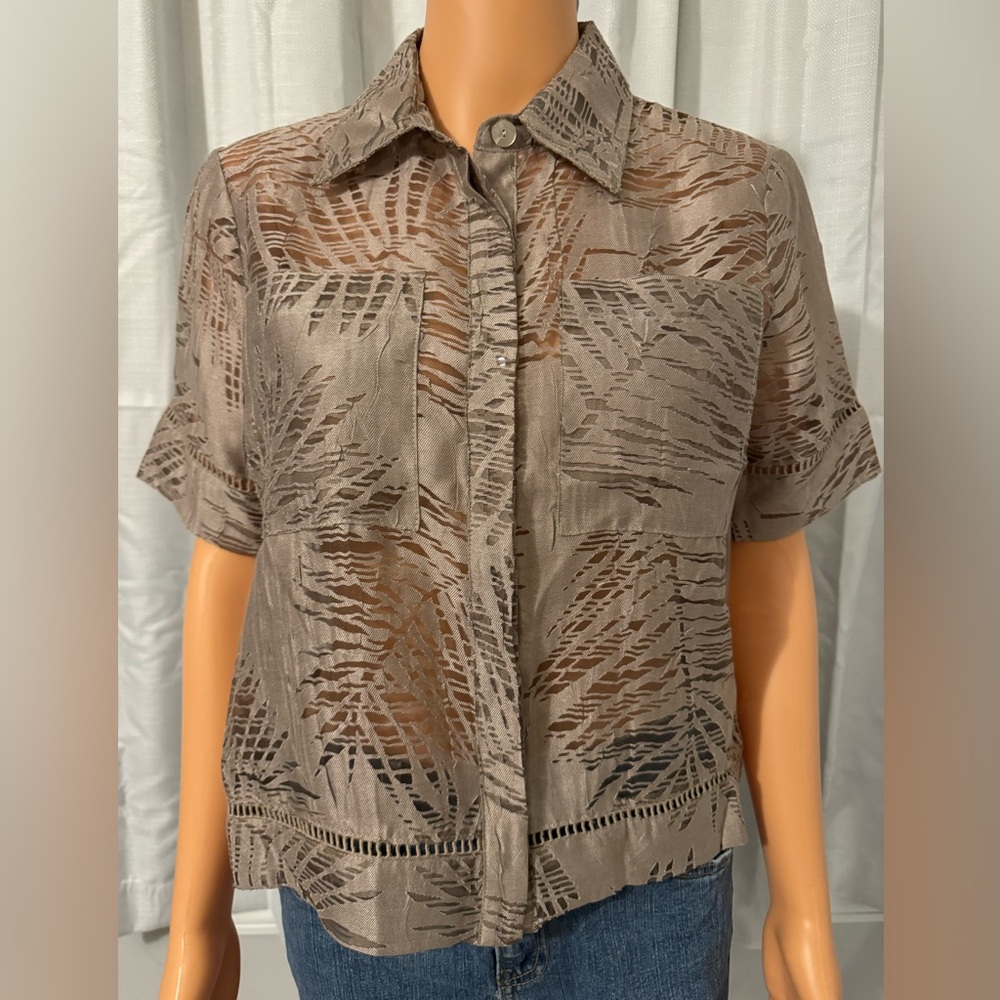 Great Ruby Rd size 6P brown short sleeve button up cropped shirt petite NWT